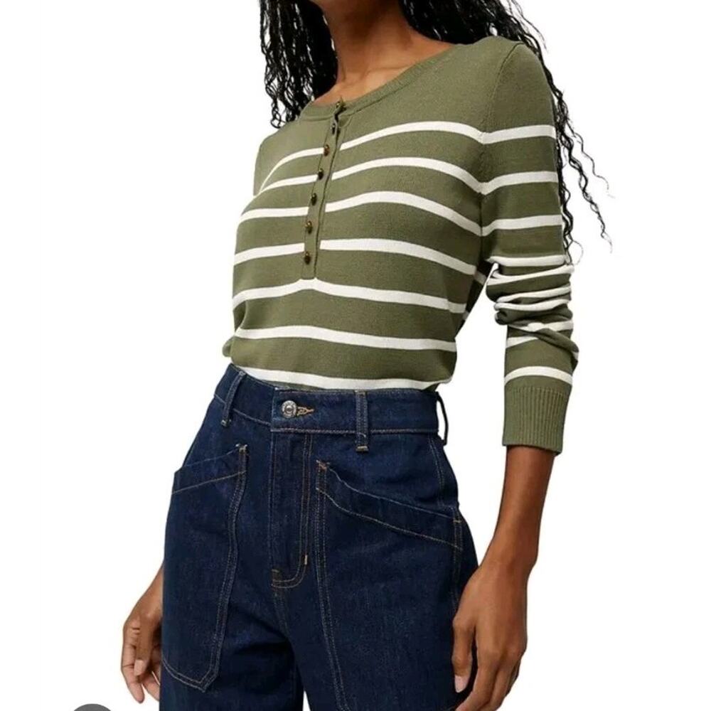 Veronica Beard Dianora Womens L Sweater Striped Knit Designer Henley Top Green